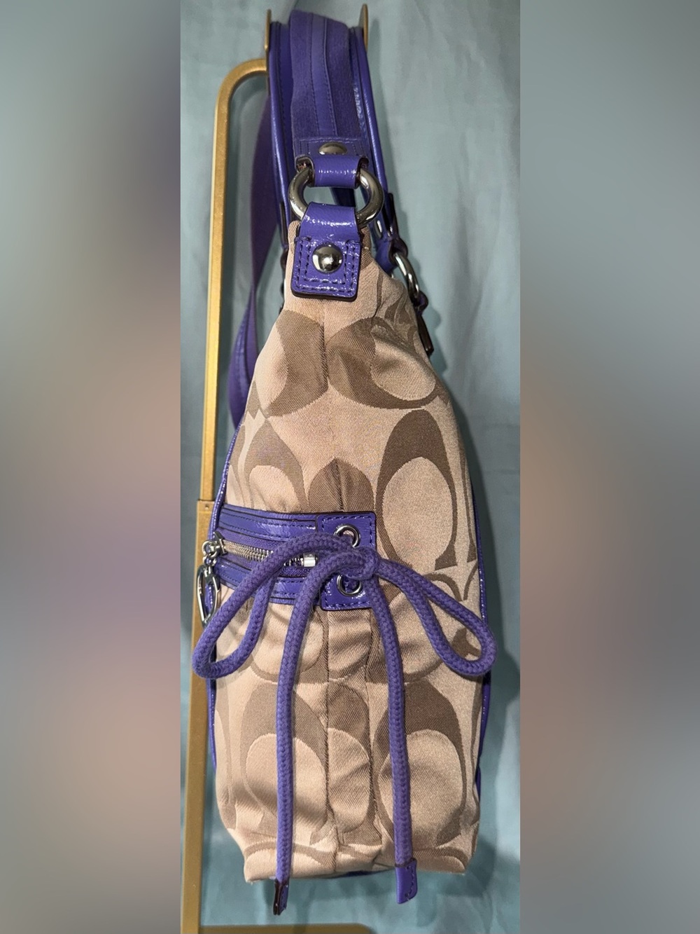 Coach F20101 Poppy Khaki and Purple Signature C Jacquard Canvas Satchel/Tote - Picture 4 of 15